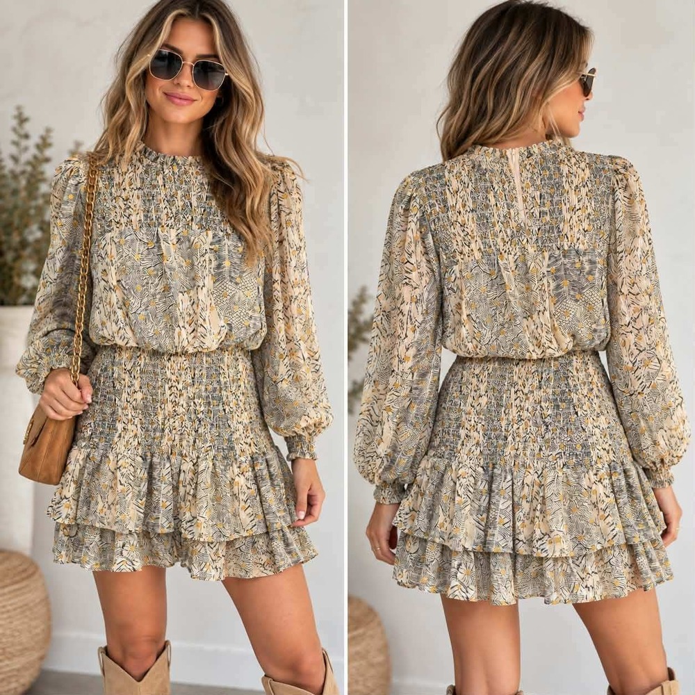 AQUA Smocked Mini Dress Womens XS Tan Gold Metallic Polka Dot Ruffle Tiered